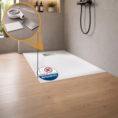Produktbild von Dalsys Duschwanne 100x80cm mit Ablaufgarnitur - flache Duschtasse in Steinoptik inkl. Siphon - bodengleiche Dusche weiß