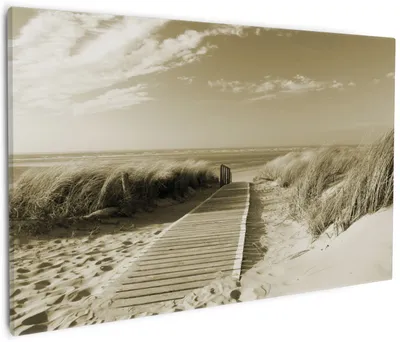 Produktbild von Wallario Premium Leinwandbild Auf dem Holzweg zum Strand in Sepiafarben in Größe 60 x 90 cm