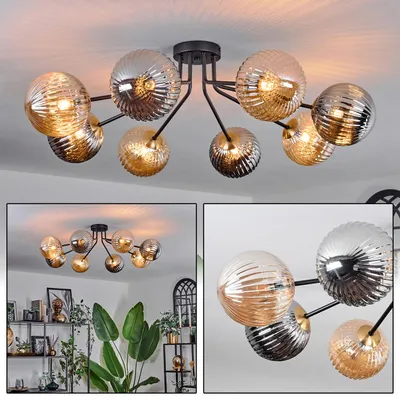 Produktbild von Isorella Deckenlampe aus Metall/Riffelglas in Schwarz/Gold-/Rauch-/Bernstein