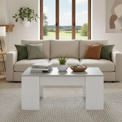 Image de Almas - Table Basse, 100x45x50h cm Blanc, Plateau Relevable avec Rangement