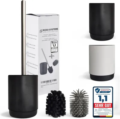 Immagine prodotto di Spazzola per WC con supporto, manico in acciaio inossidabile, 2 testine di ricambio, colore nero, per il bagno