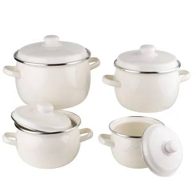 A set of four white enamel pots with silver rims and handles, displayed on a white background.