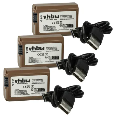 Produktbild von vhbw 3x Akku kompatibel mit Sony Alpha 6, 6100, 6300, 5100, 55V, 6000, 5000, 33, 3000, 55 Kamera (1030 mAh, 7,4 V, Li-Ion), Infochip, USB-C Buchse