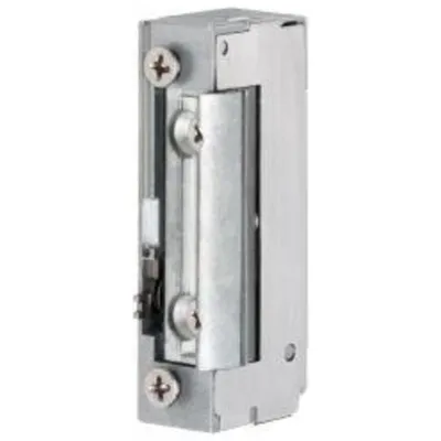 A close-up, studio shot of an electric door strike.