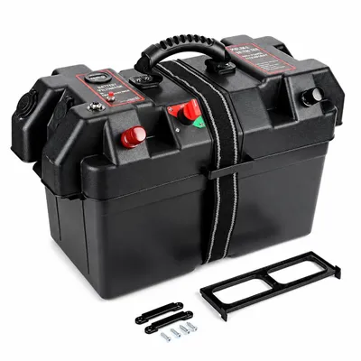 Zdjęcie produktu dla NEMAXX® BB260 skrzynka akumulatora 12V woltomierz wyłącznik gniazdo 12V 2x USB 16A bieguny +/− pas mocujący kemping łódź kamper offgrid