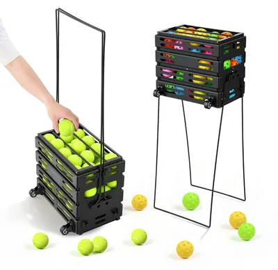 Produktbild von Tennisballkorb - Ballwagen mit Rollen - Für 80 Tennisbälle - Stabiler Kohlenstoffstahlrahmen - Kunststoffkorb - Tragbarer Ballsammler für Training & Verein - Schwarz