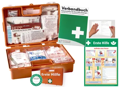 Produktbild von Verbandskoffer (K) INKL. 90° ARRETIERUNG -Paket 2- Erste Hilfe - aktuelle DIN 13157 für Betriebe -DSGVO- INKL. PERFORIERTEM VERBANDBUCH + Aushang