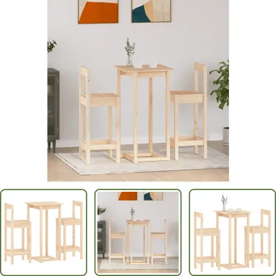 A wooden bar table and two bar stools are arranged on a rug in a room.