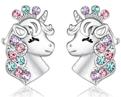 Imagen del producto de Pendientes de unicornio, color plateado, 2 unidades, para niños
