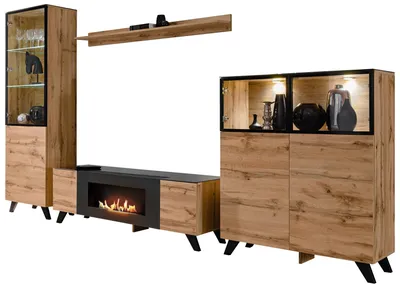 Produktbild von Wohnwand "Bonfire" in Wotan Eiche und schwarz Schrankwand mit Kamin, inklusive LED, 330 cm