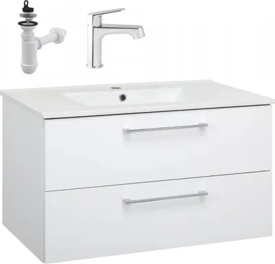 Produktbild von Stamar Waschtisch mit Unterschrank Hängend 80 x 47 cm Weiß Hochglanz Softclose Schubladen | Badmöbel Set mit Keramik-Waschbecken und Chrom Armatur