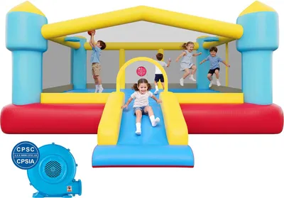 Image de VEVOR Château gonflable (448 x 420 x 207 cm) pour enfants avec toboggan, panier de basket, jeu de tir et aire de saut, pouvant accueillir 3 à 4 enfants (âgés de 3 à 8 ans) pour des fêtes en extérieur ou en intérieur.