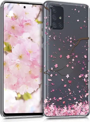 Produktbild von kwmobile Case kompatibel mit Samsung Galaxy A71 - Hülle Silikon transparent Kirschblütenblätter Rosa Dunkelbraun Transparent