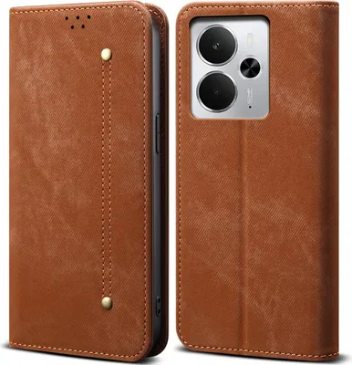 Immagine prodotto di Custodia per Realme 14, Custodia a portafoglio in pelle con chiusura magnetica e supporto marrone
