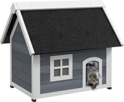 Produktbild von Katzenhaus - Katzenhütte aus Holz - Klappbares Bitumendach - Fenster und Türen - 77 x 57,5 x 68 cm - Grau/Schwarz
