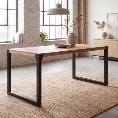 Immagine prodotto di FineBuy tavolo da pranzo rettangolare 180 cm in legno massiccio di acacia - tavolo da sala da pranzo dal design industriale con struttura in metallo, tavolo da cucina in legno massiccio 6 - 8 persone