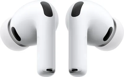 A pair of white Apple AirPods Pro earbuds are shown against a white background.
