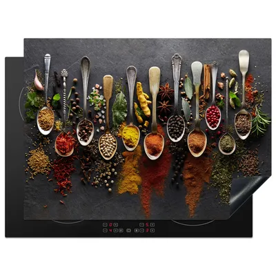 Obrázek produktu pro KitchenYeah® Krycí deska na sporák bylinky - koření - beton - lžíce, 71x52cm, kuchyňská dekorace, keramická krycí deska, krycí deska na varnou desku