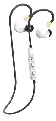 A pair of white and gray wireless earbuds with a black cable and an inline remote.