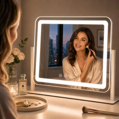 LED-Make-up-Spiegel, 3 Farbmodi, Touch, 10x Vergrößerung, Weiß