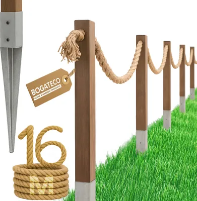 Immagine prodotto di Recinzione in legno con corda di iuta BOGATECO | recinzione a vela 16 m | 13 lunghezze diverse | kit di montaggio incluso