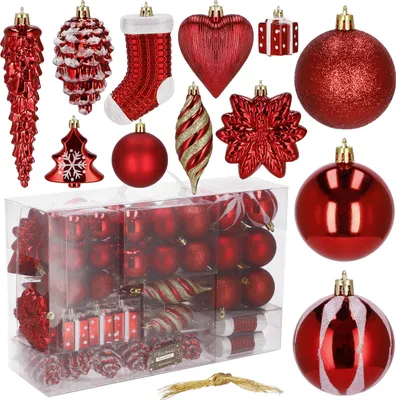 A collection of red Christmas ornaments in various shapes and sizes, displayed on a white background.
