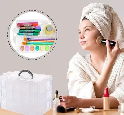Image de Boîte de rangement avec compartiments – 3 niveaux et 30 compartiments – boîte en plastique transparente et empilable – organiseur avec poignée – boîte de rangement pratique pour le matériel de bricolage, les bijoux, les jouets, les accessoires de couture et autres accessoires