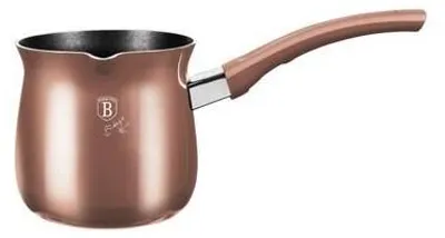 A rose gold metallic line coffee pot with a brown handle is shown against a white background.