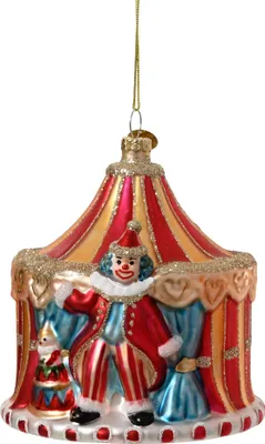 Produktbild von Christbaumschmuck Glas 11cm Zirkuszelt mit Clown Figur Rot / Orange