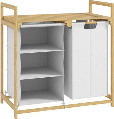 Produktbild von Fortuna Lai Wäschekorb 4 Fächer Wäschesammler mit 2 ausziehbaren & abnehmbaren Wäschesäcken aus Vliesstoff, Ablage 83L Wäschebox mit Griff Wäschesortierer 70 x 36 x 70 cm Bambus Weiß