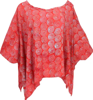 Produktbild von Weites Boho Plus Size Blusentop mit Fledermausärmeln, Maxibluse mit Handgefertigter Batik, Strandtop - Rot, Damen, Viskose, Blusen & Tunikas