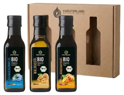 Produktbild von GOURMET-Set mit Kürbiskernöl, Schwarzkümmelöl ungefiltert und Walnussöl aus biologischem Anbau