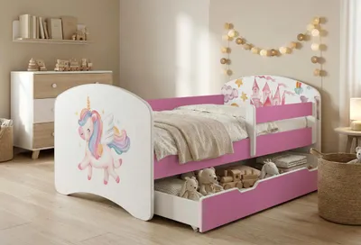 Image de Ensemble de lit pour enfant Happy Babies avec matelas, tiroir et barrière de sécurité, 70 x 140 cm, lits pour filles et lits pour garçons, motif coloré,