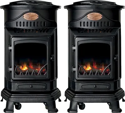 Image de Pack de 2 Poêles à gaz Noir Provence en fonte 3,4KW Effet feu Chauffage d'appoint gaz sur roues