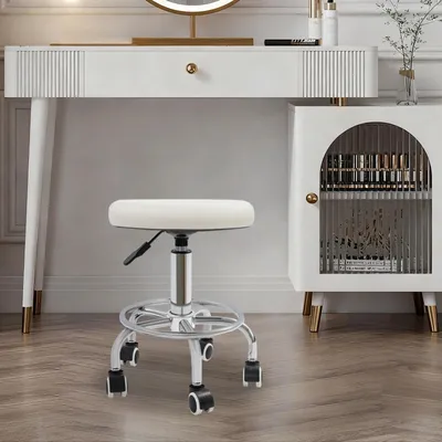 Obrázek produktu pro Stolek na kolečkách – salonní stolek – výškově nastavitelný 45–57 cm – otočný o 360° – 5 koleček – nosnost 150 kg – sedák Ø 33 cm – bílá barva