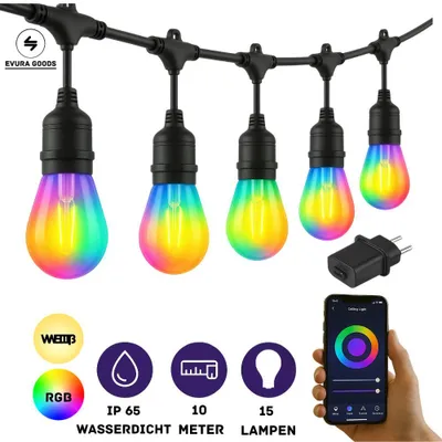 Produktbild von Evura Goods RGB Lichterkette Außen 10 Meter – Erweiterbar – 15 Smart LED Lampen – Multicolor Gartenbeleuchtung – Wetterfest