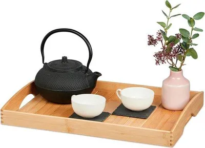 Immagine prodotto di Vassoio da portata in bambù con manici per caffè e tè, 48x33 cm, rettangolare, accessorio da cucina naturale