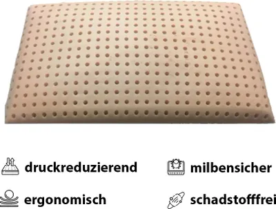A close-up of a beige pillow with many small holes, accompanied by icons and German text describing its features.