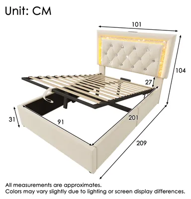 Productafbeelding van Bekleed bed 90 x 200 cm van fluweel, eenpersoonsbed met LED-diamantstrip, USB, Type-C, bedbox met hydraulisch mechanisme, lattenbodem, beige