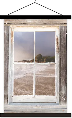 Produktbild von MuchoWow® Textilposter Durchblick - Holz - Strand 40x60 cm mit schwarzem Rahmen - Wanddekorationen