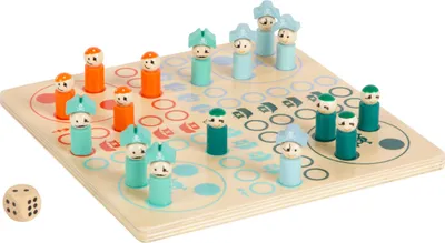 A wooden Ludo game board with colorful player pieces and a die.