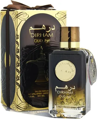 A bottle of Ard Al Zaafaran Dirham Oud Eau de Parfum and its packaging are displayed against a white background.