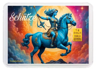 Produktbild von Grußkarte Sternzeichen Schütze Goldbarren 1g 1 Gramm Motivbox  - Geschenk + Echtheitszertifikat