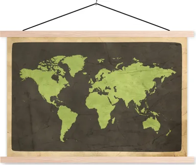 Produktbild von MuchoWow® Textilposter Weltkarte - Grün - Vintage 120x80 cm mit holzfarbenen Rahmen - Aufhängeset