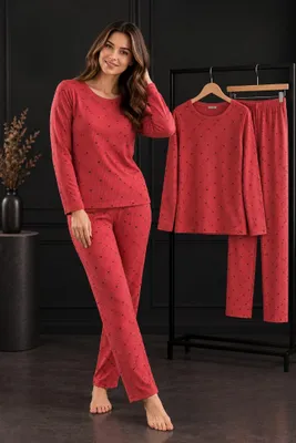 Produktbild von Damen Pyjama Schlafanzug Rot XL Lang Warm Winter 2-Teiler Set L-88
