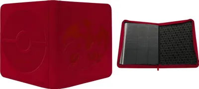 A red Pokémon themed card binder and a red card deck box are shown side-by-side against a white background.