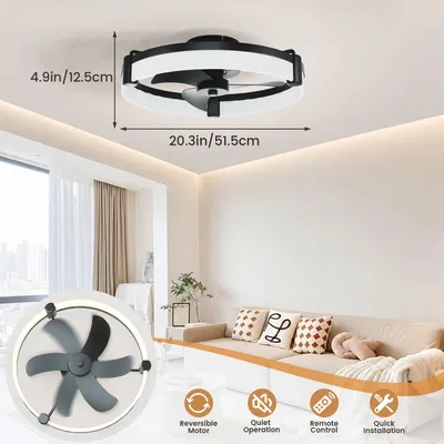 Zdjęcie produktu dla Wentylator sufitowy LED z oświetleniem - Płaski wentylator sufitowy - Sterowanie za pomocą pilota - Możliwość regulacji jasności - 6 prędkości - Funkcja zmiany kierunku obrotów - Cichy silnik DC - Kolor: czarny