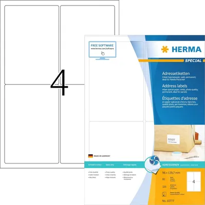 Zdjęcie produktu dla HERMA 10777, Wytłoczona etykieta, 9,6 cm, 14 cm, 4 szt.
