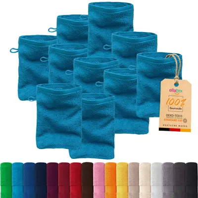 Produktbild von 10er Pack EllaTex Waschhandschuhe 15x21 cm 100% Baumwolle, 500 g/m² Handtücher Set weich saugstark Serie Paris, in Farbe: Aquamarin: