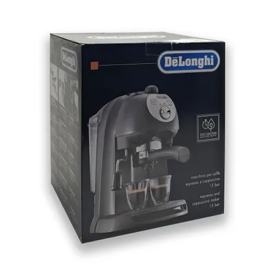 The image shows the retail packaging of a Delonghi espresso machine.